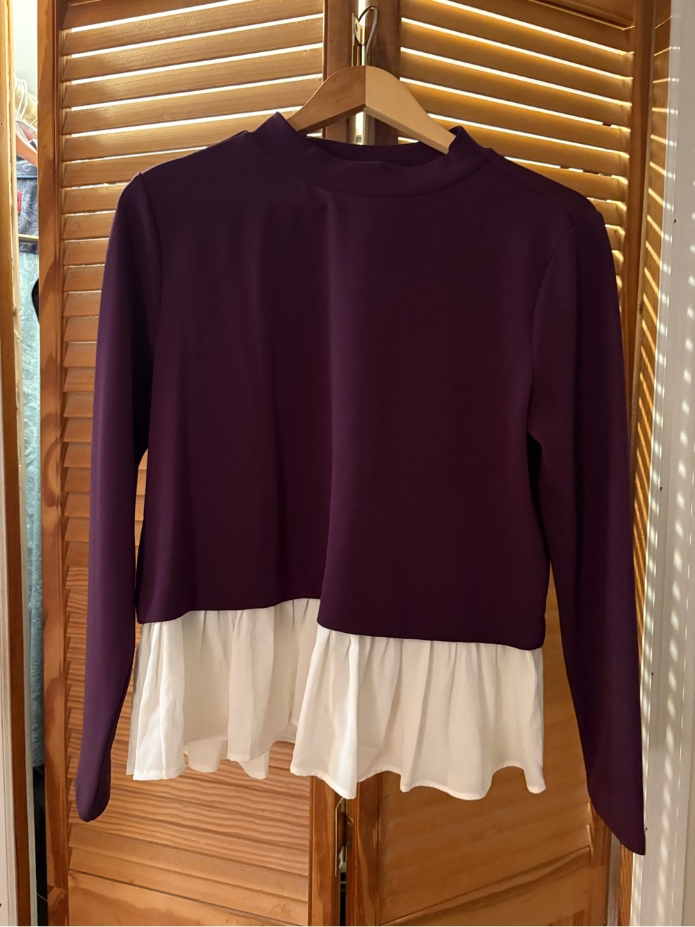 Ann Taylor Purple Long-Sleeve Layered Mock-Neck Top with White Ruffle Hem